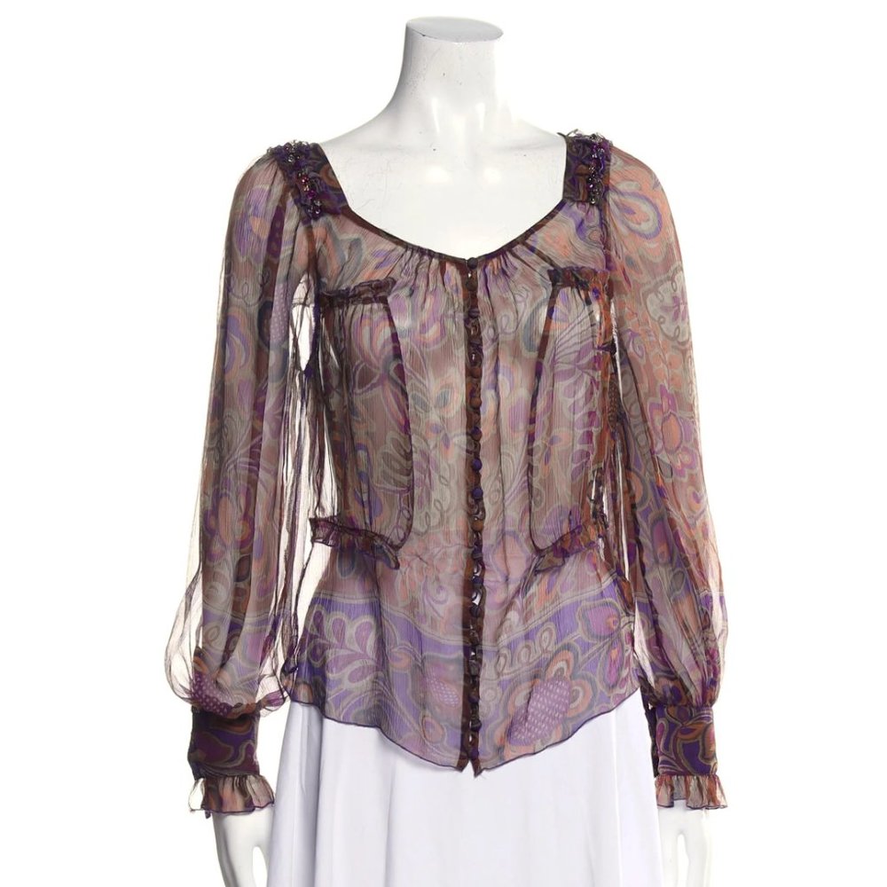 BLUMARINE Y2K Silk Sheer Paisley Chiffon Ruffle Detail Blouse XS S